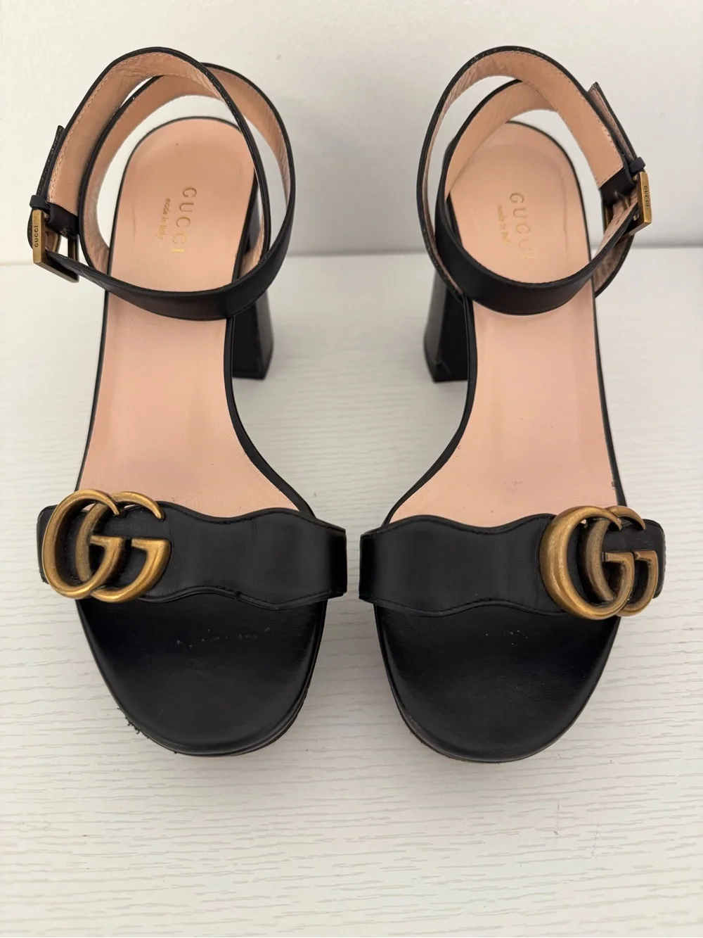 Gucci GG Marmont Lifford Black Platform Block Sandals Leather EU 36 US 6 Heels